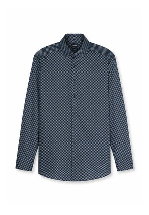 Camicia da uomo a maniche lunghe con bottoni, motivo geometrico blu scuro e bianco, collo aperto e etichetta del marchio all’interno del colletto.