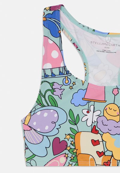 Χρωματιστό αθλητικό σουτιέν για παιδιά με παιχνιδιάρικο σχέδιο από λουλούδια και καρτούν, που περ�ιλαμβάνει πεταλούδες, λουλούδια και φανταστικά στοιχεία σε φόντο μέντας.