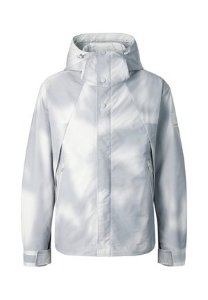 Jasnoszara wodoodporna kurtka z kapturem, zapinana na zatrzaski z przodu, z zamykanymi na zamek bocznymi kieszeniami i regulowanymi rzepami na mankietach.