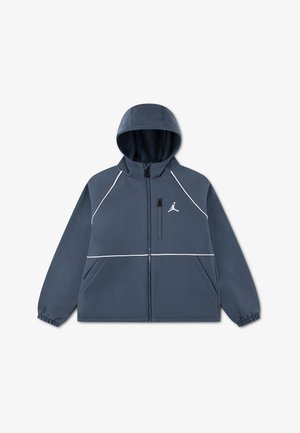 Dunkelblaue Kapuzenjacke mit weißer Paspelierung, Frontreißverschluss, Brusttasche, elastischen Bündchen und weiß gesticktem Jumpman-Logo auf der linken Brust.