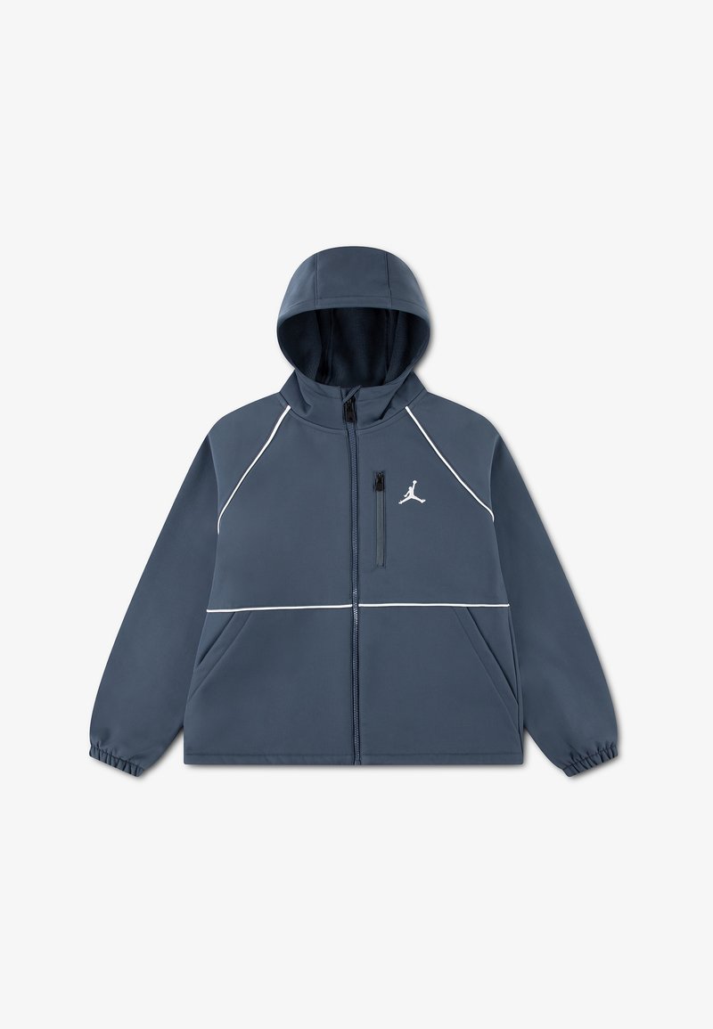 Veste à capuche bleu foncé avec passepoil blanc, fermeture éclair frontale, poche poitrine, poignets élastiques et logo Jumpman blanc brodé sur la poitrine gauche.
