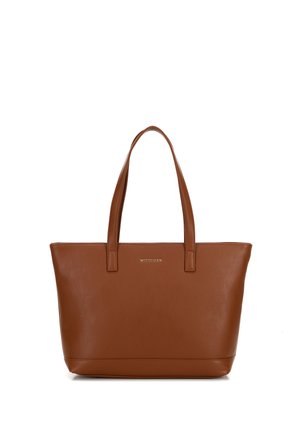 Braune Ledertasche mit zwei Schulterriemen und einem kleinen goldenen „Wittchen“-Logo, das nahe der Oberseite zentriert ist.