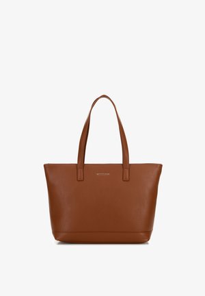 Bruine leren tote bag met twee schouderriemen en een klein gouden "Wittchen" logo, centraal geplaatst dicht bij de bovenkant.