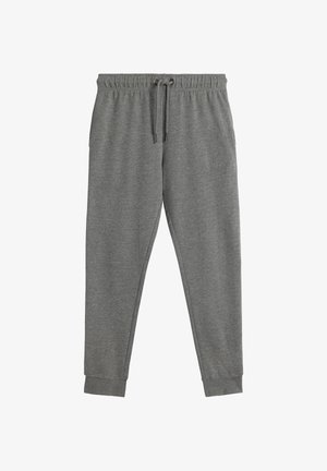 Szare dresy z elastycznym paskiem i sznurkiem, o zwężających się nogawkach i ściągaczach przy kostkach. Miękka faktura materiału.