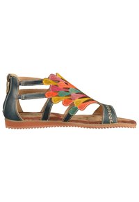 Sandale en cuir bleu foncé avec un design découpé, accents colorés en forme de feuilles, brides réglables et semelle texturée.