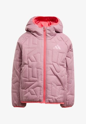 Hellviolette gesteppte Jacke mit Kapuze, pinkem Reißverschluss, geometrischer Steppung und dezent weißem Logo auf der Brust.