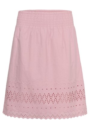 Jupe rose clair jusqu'aux genoux avec taille élastique, rayures texturées verticales et dentelle œillet décorative près de l'ourlet festonné.