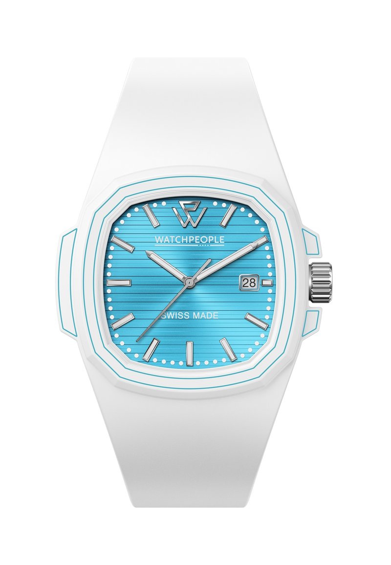 Reloj de silicona blanca con una caja octagonal, esfera a rayas azules, marcadores de hora plateados y función de fecha a las 3 en punto. Fabricado en Suiza.