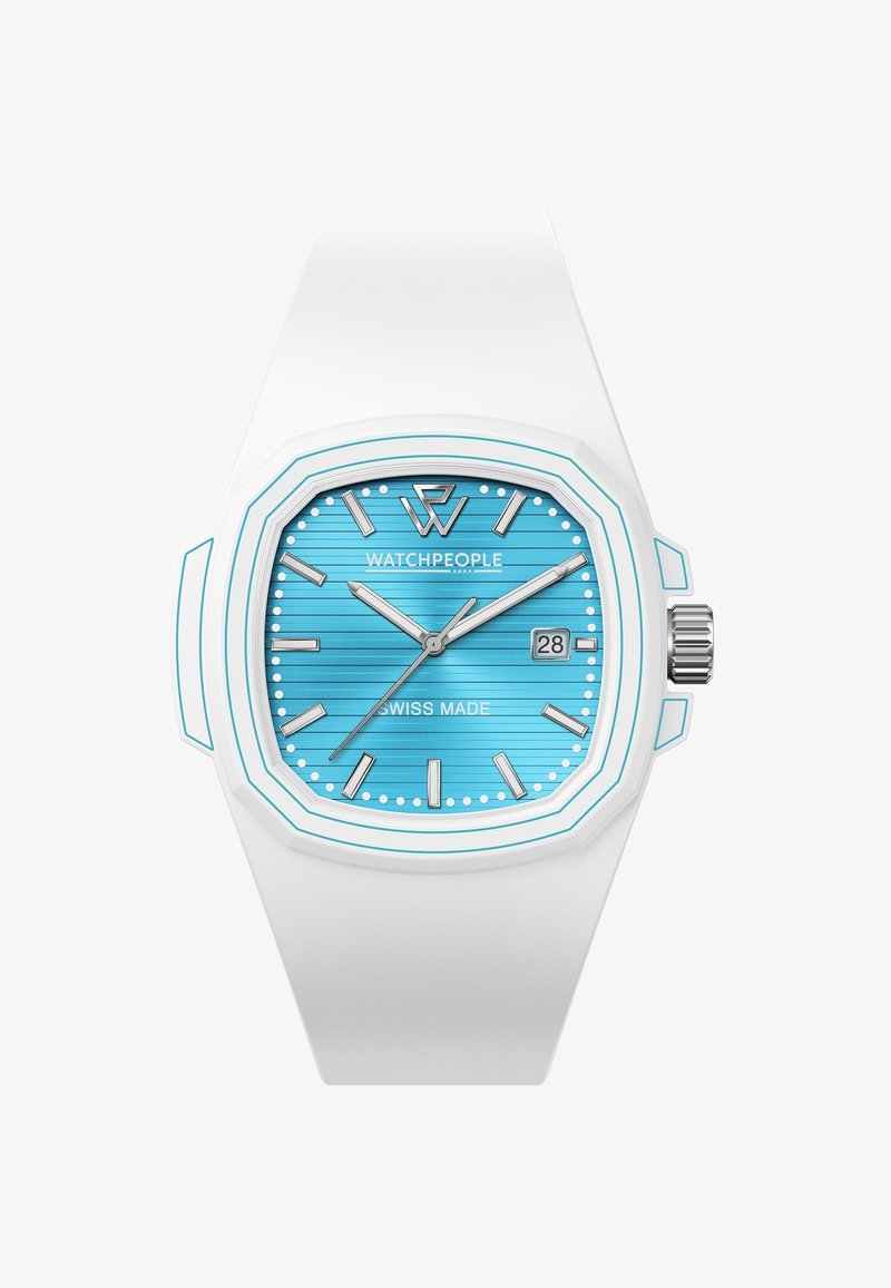 Balts silikona pulkstenis ar astoņstūrainu korpusu, zili striķots ciparnīca, sudraba stundu apzīmējumi un datuma funkcija pie pulksteņa 3. pozīcijas. Šveices ražojums.