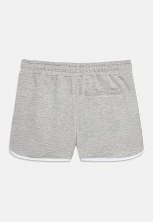 Svetlo sive priložnostne kratke hlače z elastičnim pasom, belim robom na spodnjem delu in enim zadnjim žepom z majhnim všitim detajlom.