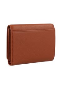 Brown leather wallet with a textured finish, rectangular shape, and a fold-over design. Features visible stitching along the edges.