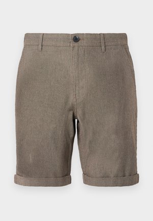 Rjavi teksturirani kratke hlače z zavihanimi spodnjimi robovi, sprednjo zapenjavo na gumbe in zankami za pas, primerne za vsakodnevno nošenje.