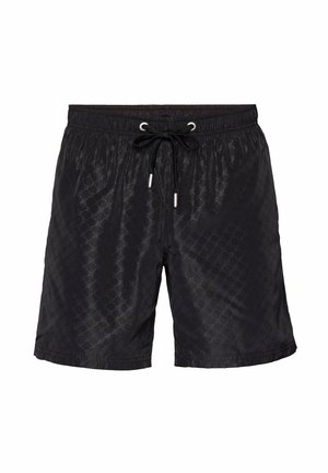 Black swim shorts made of lightweight, waterproof fabric featuring a subtle diamond pattern, elastic waistband with drawstring, and metallic accents.