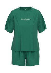 Green short-sleeve t-shirt and matching shorts set from Tom Tailor. Features a relaxed fit with a logo printed on the front. Smooth texture.