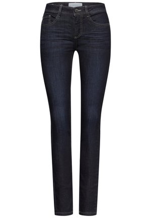 Mörkblå skinny jeans i denim, med en standard femfickorsdesign, silverfärgad hårdvara och kontrasterande sömmar.