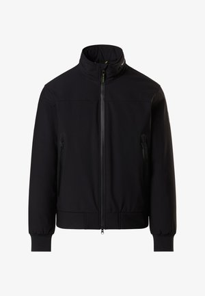 Chaqueta negra con cuello alto, cierre frontal con cremallera y dos bolsillos laterales con cremallera. Cuenta con puños elásticos y una textura suave y mate.