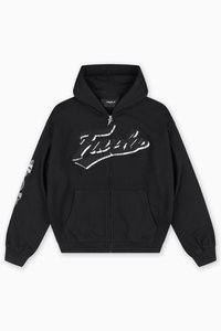 Black zip-up hoodie made of cotton. Features a large graphic "Favela" print on the front and logo detail on the sleeve. Kangaroo pockets included.