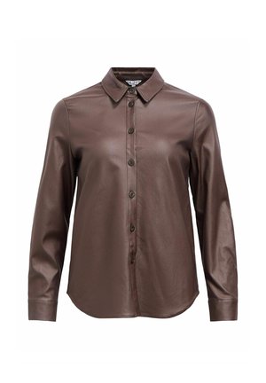 Bruine faux leren button-up shirt met een kraag, lange mouwen en een gebogen onderrand. Beschikt over acht knopen aan de voorkant en een gladde textuur.