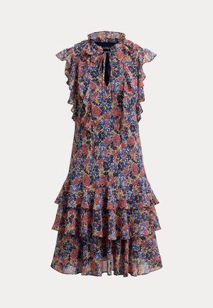 Φλοράλ φόρεμα σε ναυτικό, κόκκινο και κίτρινο με βολάν στα μανίκια και στρώσεις. Διαθέτει λαιμόκοψη με άνοιγμα για επιπλέον λεπτομέρεια. Ελαφρύ ύφασμα.