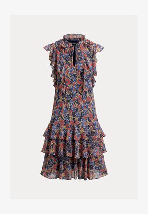 Φλοράλ φόρεμα σε ναυτικό, κόκκινο και κίτρινο με βολάν στα μανίκια και στρώσεις. Διαθέτει λαιμόκοψη με άνοιγμα για επιπλέον λεπτομέρεια. Ελαφρύ ύφασμα.