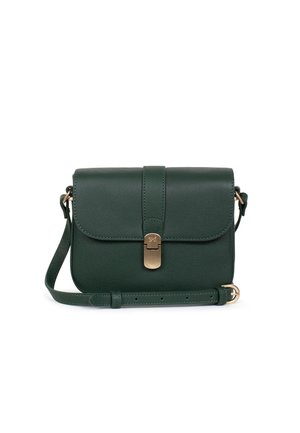 Borsa a tracolla in pelle verde scuro con tracolla regolabile e chiusura con fibbia color oro, design con patta frontale e texture sottile.