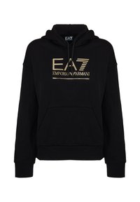 Felpa nera con cappuccio in tessuto morbido, dotata di tasca frontale, polsini a costine e un logo dorato "EA7 Emporio Armani" sul petto.