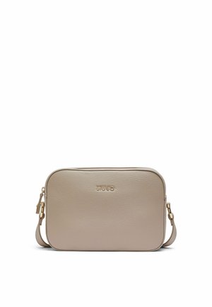 Borsa a tracolla rettangolare beige con ferrature dorate e logo Liu Jo impresso sul davanti.
