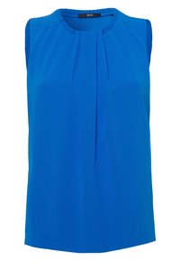 Top azul sin mangas, hecho de tela suave. Presenta un escote redondo y pliegues en la parte delantera que proporcionan una silueta ajustada.