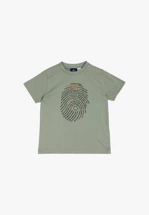 T-shirt verde chiaro a maniche corte con design testuale a spirale circolare in nero e rosso con parole e frasi motivazionali.