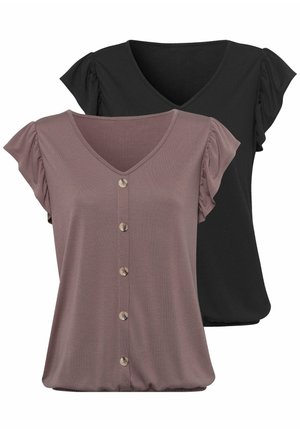LASCANA 2 PACK - Print T-shirt - taupe+schwarz