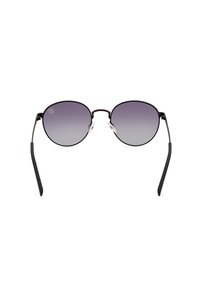 Kulaté sluneční brýle s černým kovovým rámem, gradientními fialovými skly a průhlednými silikonovými nosními podložkami. Úzké černé straničky se na koncích zužují.