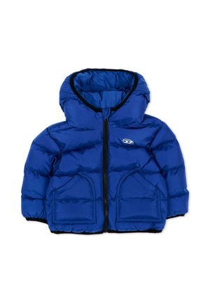 Giacca invernale blu imbottita con cappuccio, cerniera frontale e due tasche anteriori, adatta al freddo.