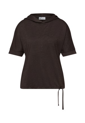 Ciemnobrązowa krótka bluza z kapturem, z podwiniętymi mankietami i regulowanym sznurkiem u dołu, o dzianinowej fakturze, w stylu casual.