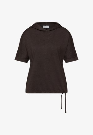 Dunkelbraunes kurzärmliges Kapuzenshirt mit aufgekrempelten Ärmeln und verstellbarem Kordelzug am Saum, Strickstruktur, lässiger Stil.