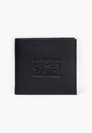 Zwarte leren portemonnee met geperst Levi Strauss & Co.-logo, rechthoekige vorm, zichtbare stiksel details en een gladde textuur.