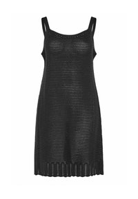 Musta hihaton neulemekko, jossa leveät olkaimet ja avoin kudoskuvio, polvipituinen ja joustinneuloksella viimeistelty helma.