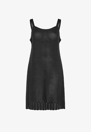 Zwarte mouwloze gebreide jurk met brede bandjes en open geweven patroon, knielengte met geribbelde zoom.