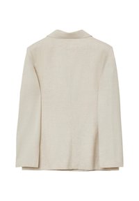 Beige linen blazer with long sleeves, notched collar, and back vent, shown from the rear against a white background.