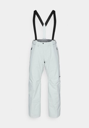 Hellgraue Skihosen mit schwarzen Trägern, aus wasserdichtem Material, lockere Passform, mit Reißverschlusstaschen an den Seiten und verstärkten Unterschenkeln.