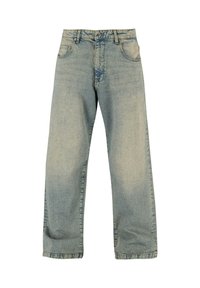 Helle blaue Jeans aus Denim mit lockerer Passform, geraden Beinen und umgeschlagenen Säumen. Besitzt einen klassischen Fünf-Taschen-Stil und einen Knopfverschluss vorne.