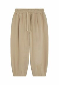 Pantalons beiges avec une taille élastique et des cordons de serrage, présentant des poches latérales et des jambes fuselées avec une texture lisse.