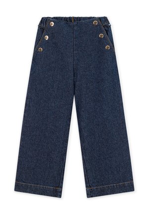 Donkerblauwe wijde spijkerbroek met gouden knoopdetails op de voorzakken en een elastische tailleband.