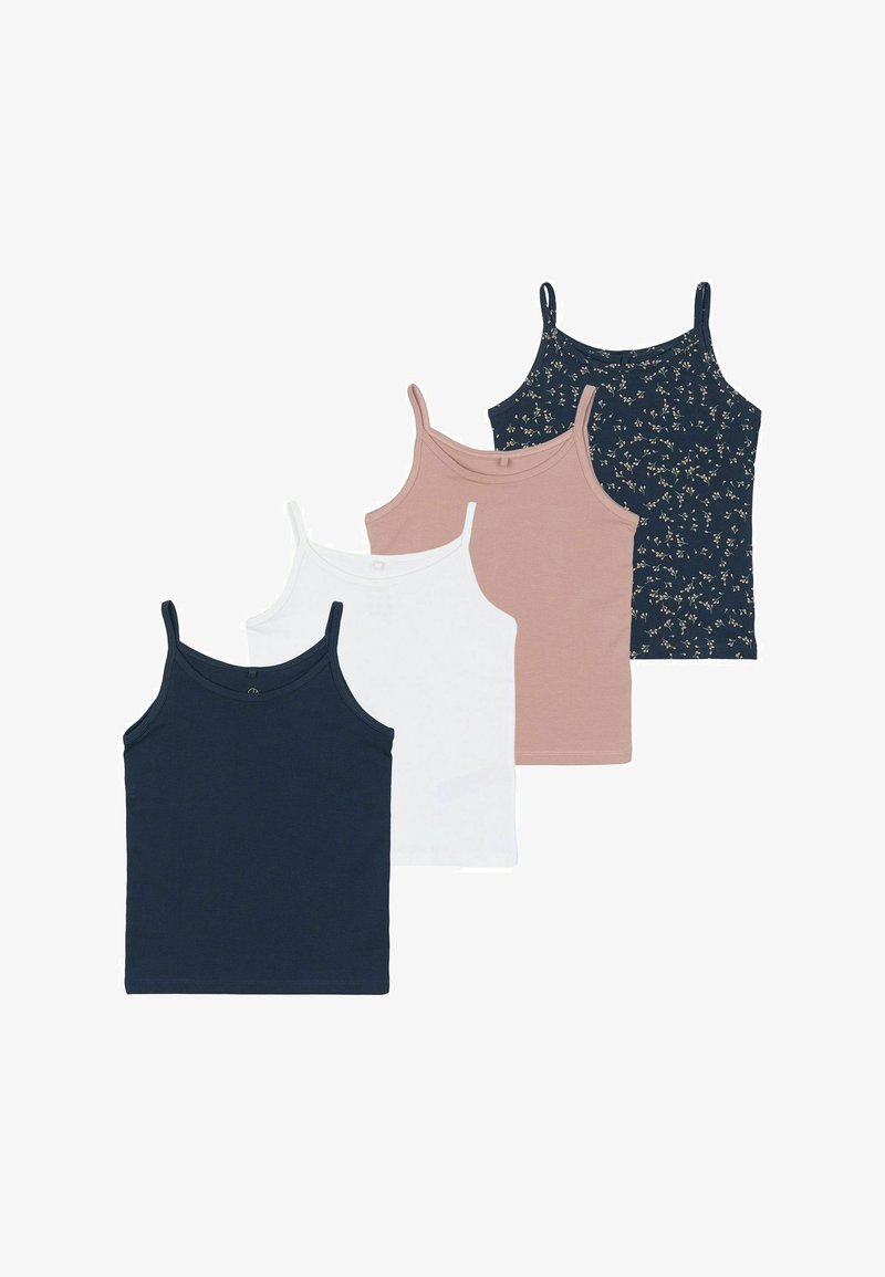 Four tank tops in navy, white, light pink, and a navy floral print. Made from soft cotton, featuring adjustable straps and a classic fit.