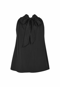 Top negru fără mâneci, realizat dintr-un material neted, având decolteu strâns și fundițe mari la spate, cu un design lejer.