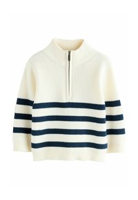 Maglione a costine in crema con strisce orizzontali blu navy, dotato di colletto rialzato e chiusura con mezza zip sul davanti.