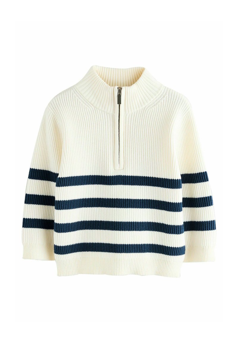 Maglione a costine in crema con strisce orizzontali blu navy, dotato di colletto rialzato e chiusura con mezza zip sul davanti.