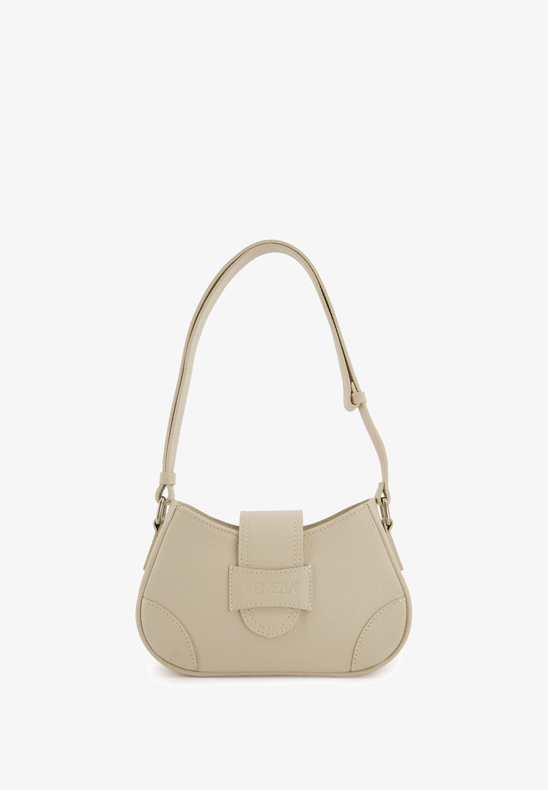 Beige leather handbag with a structured shape, a flat top, rounded sides, a front flap closure, and a single adjustable shoulder strap.