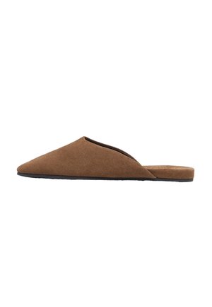 Mocassin plat marron en daim à bout pointu, sans lacets, avec un petit talon et une fine semelle noire, présenté de profil sur fond blanc.