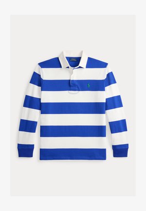 Polo a maniche lunghe a righe in cotone blu e bianco, con colletto, patta e un piccolo logo verde sul petto.