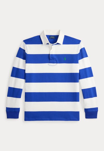 Striped long-sleeve polo shirt in blue and white cotton, featuring a collar, placket, and a small green logo on the chest.
